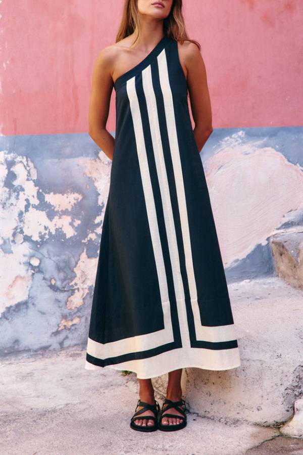 Grace Linen Blend Contrast Color Lines One Shoulder A-line Midi Dress - Fashionpara