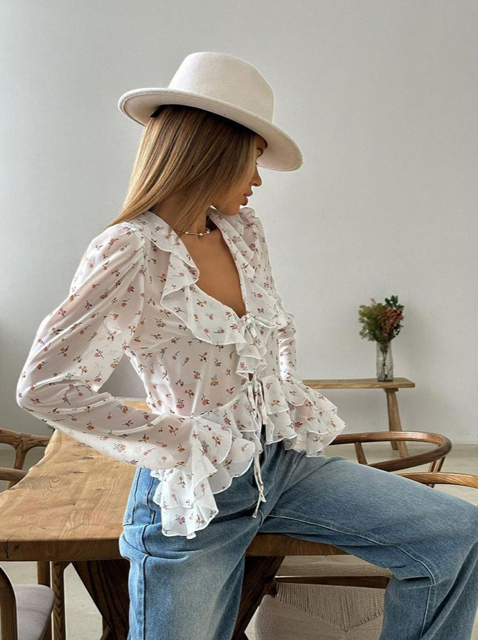 Floral Ruffled V-Neck Slim Fit Blouse