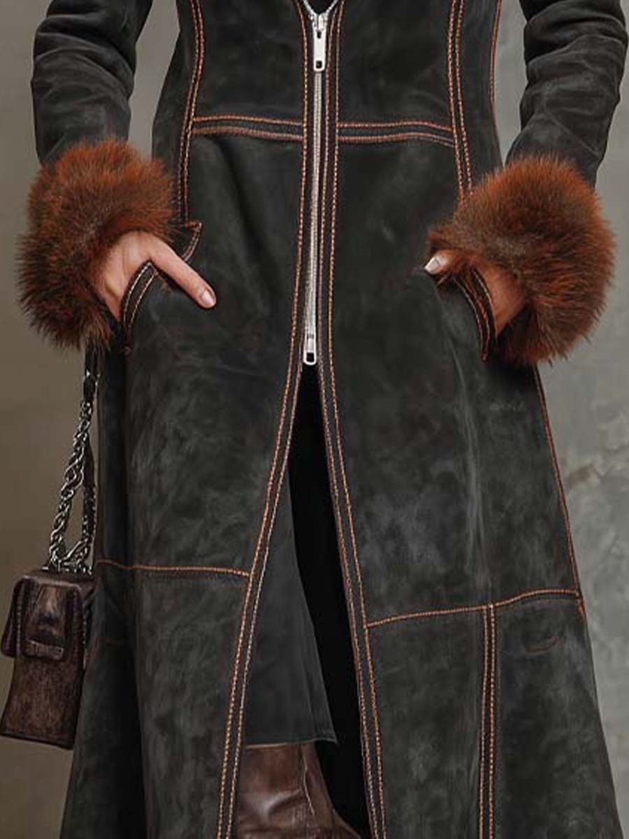 Understated Bohemian Vintage Olive-brown Faux Suede Long Coat With A Fur Collar