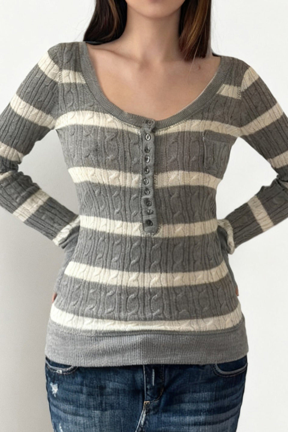 PrincessAce Cable Knit Striped Square Neck Sweater