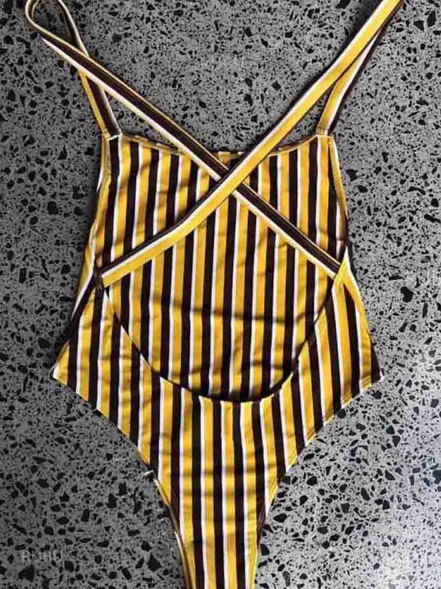Striped Yellow One-piece Swimsuit - Fashionpara