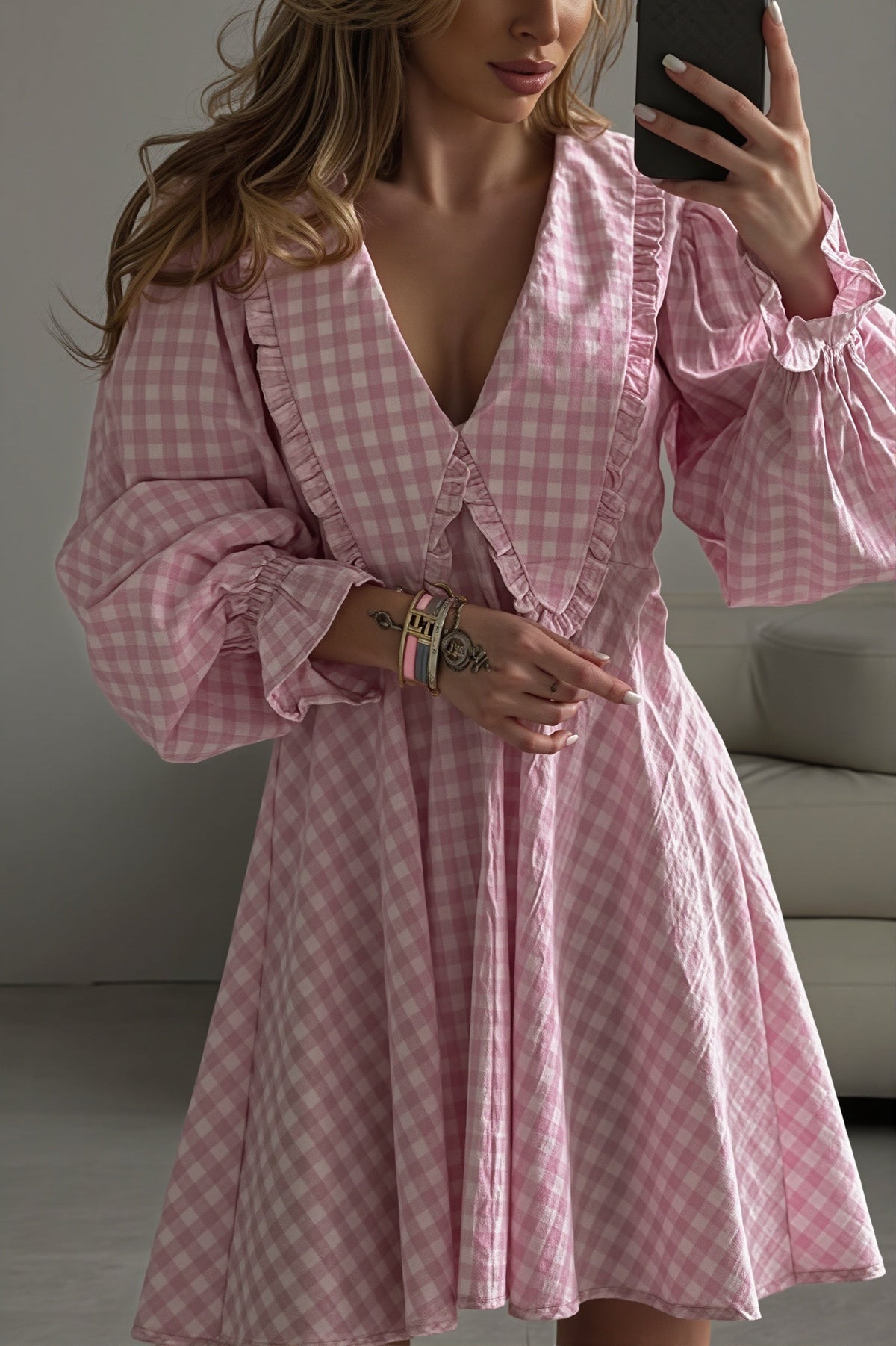 Gingham Oversized Collar Puff Sleeve Mini Dress 2
