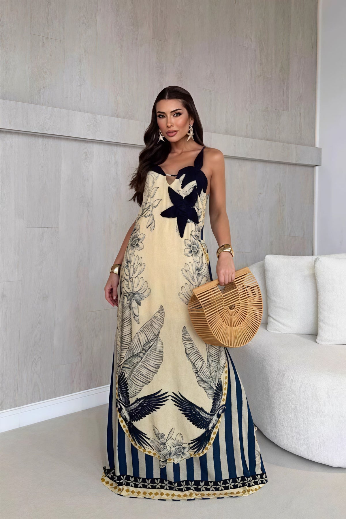 Tropical Print V-Neck Fit and Flare Maxi Dress 2