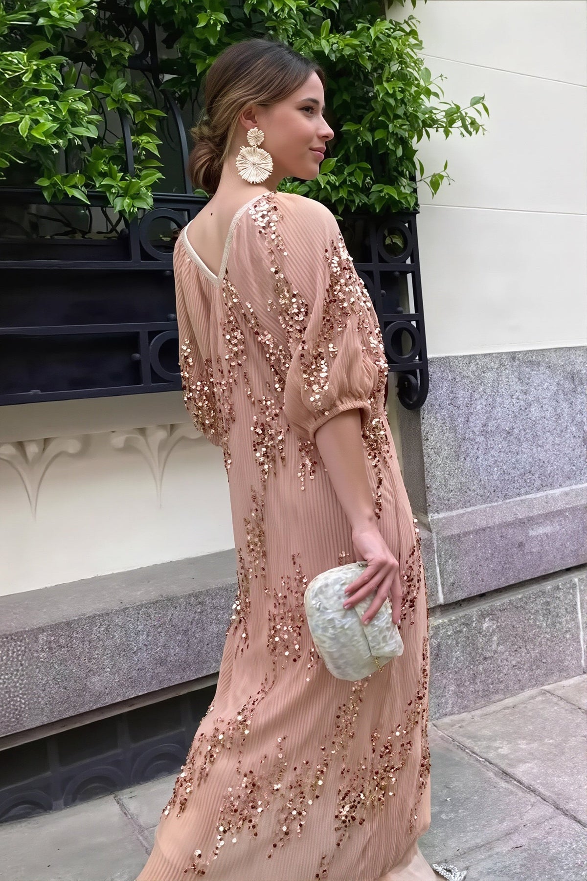Sequin V-Neck Puff Sleeve Pleated Maxi Dress