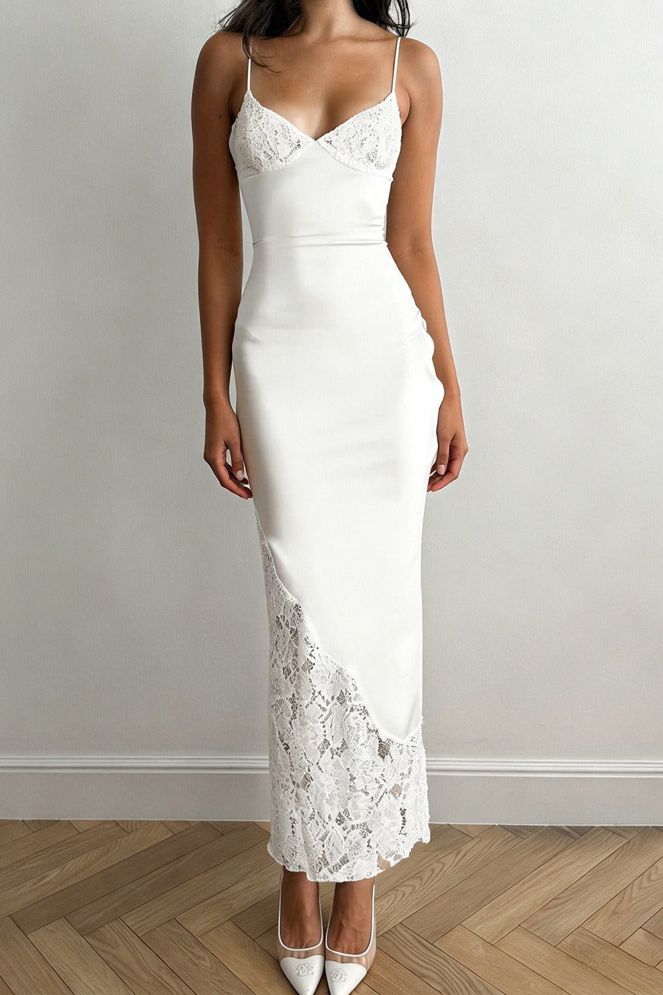 Lace-Trim V-Neck Spaghetti-Strap Slip Maxi Dress