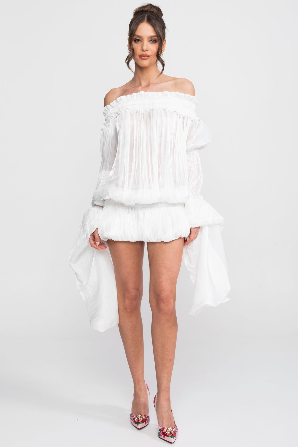 Off-Shoulder Ruffle Mini Dress With Draped Sleeves - White - View 3