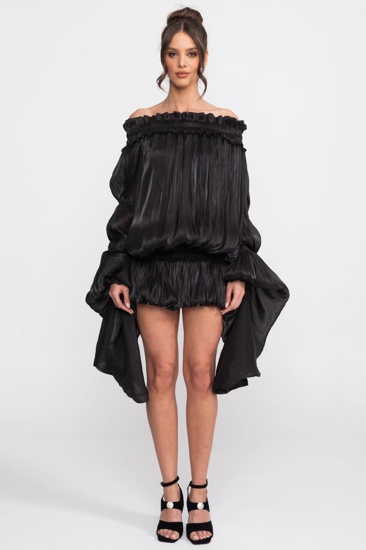 Off-Shoulder Ruffle Mini Dress With Draped Sleeves - Black