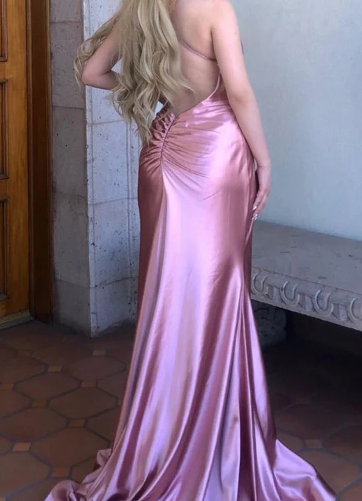 Classy Pink V Neck Satin Pleated Mermaid Long Wedding Guest Dress Backless Evening Dress D1727