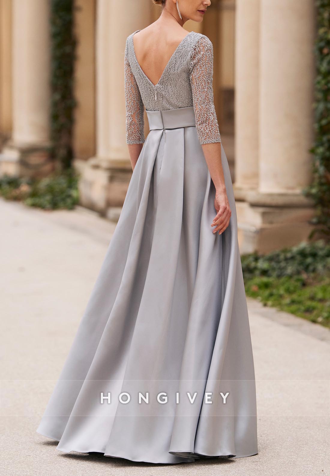 Illusion Neck Bowknot Mother of the Bride Princess Side Slit Floor-Length Satin 3/4 Sleeve Pleated
