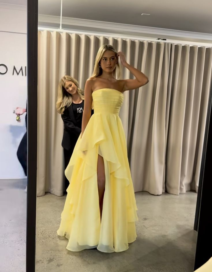 Classy Strapless Yellow Satin Tulle Slit Long Prom Dress Formal Birthday Party Dress D1141