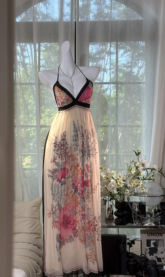 Pretty Halter V Neck Chiffon Print Floral Backless Long Prom Dress Evening Gown D919