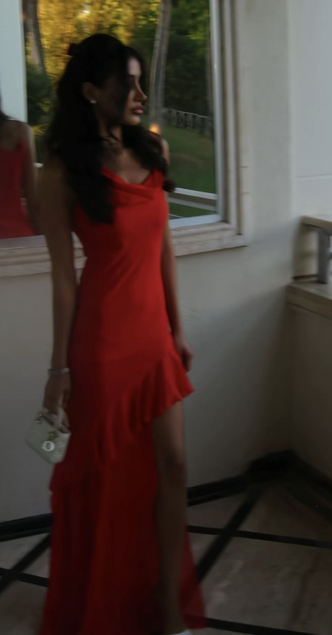 Elegant Red Chiffon Ruffles Slit Mermaid Long Evening Dress Formal Wedding Guest Dress D1732