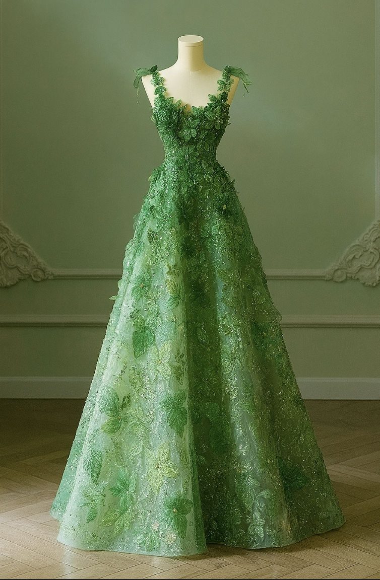 Gorgeous Green Tulle Lace Floral Sequin Long Birthday Party Dress Evening Gown D1403