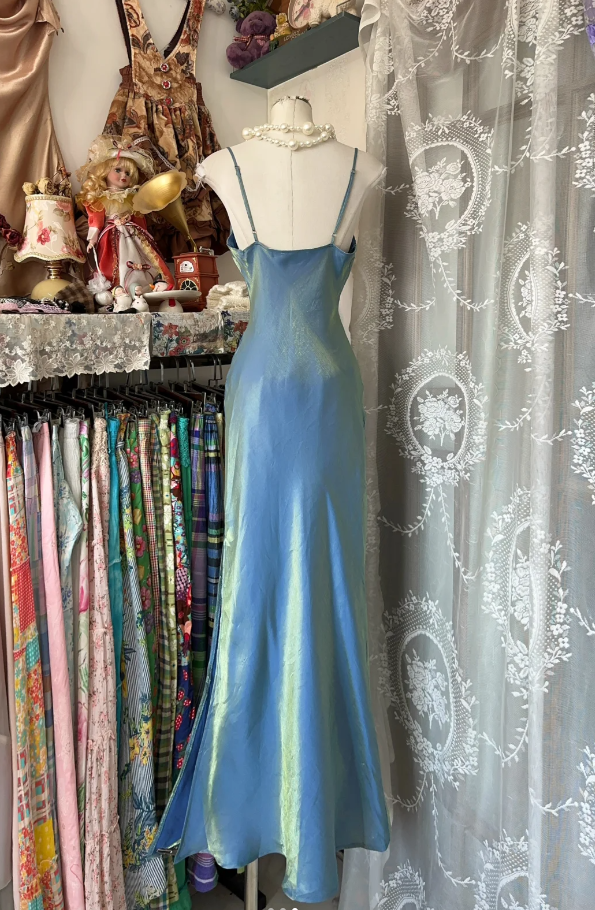 Vintage Spaghetti Straps Satin Mermaid Blue Long Party Dress Wedding Guest Dress D1646