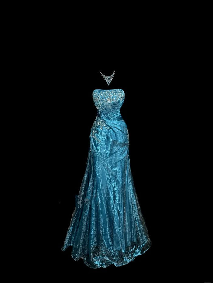 Charming Strapless Blue Tulle Sequin Beaded Mermaid Evening Dress Long Birthday Party Dress D1209