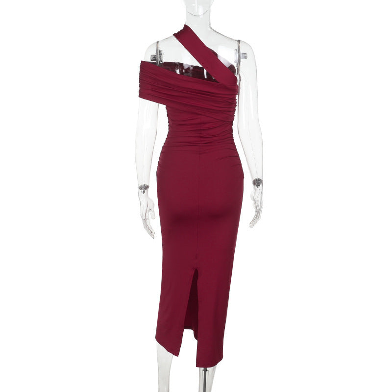 One-Shoulder Ruched Bodycon Column Midi Dress 7