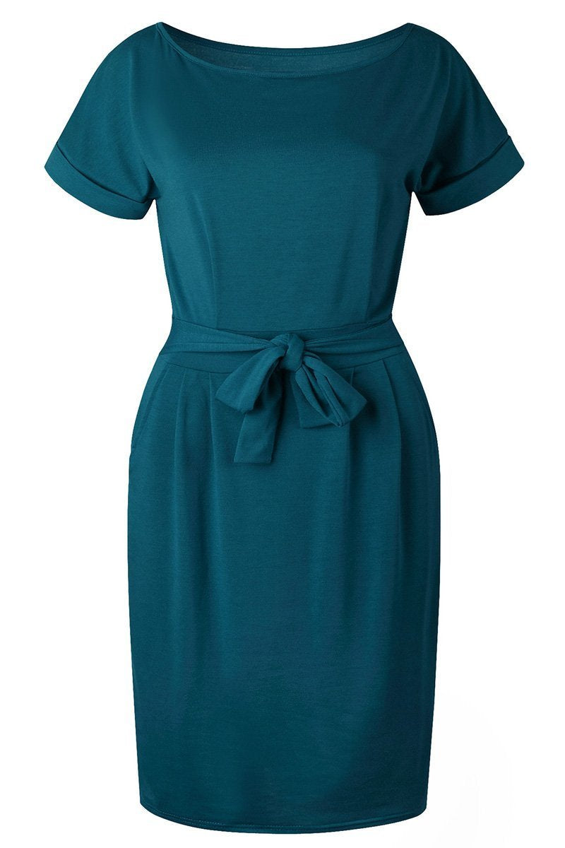 Florcoo O Neck Midi Dress With Belt