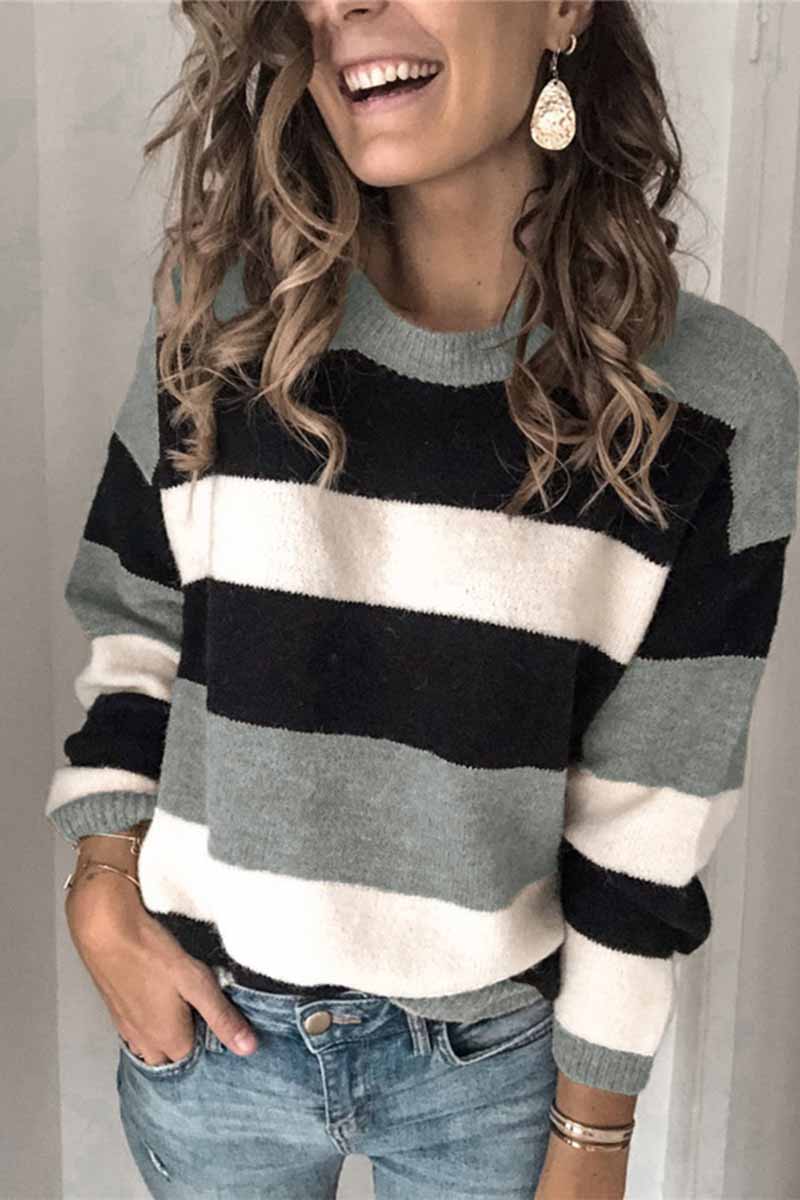 Florcoo Striped O-Neck Sweater in Three Stylish Colors