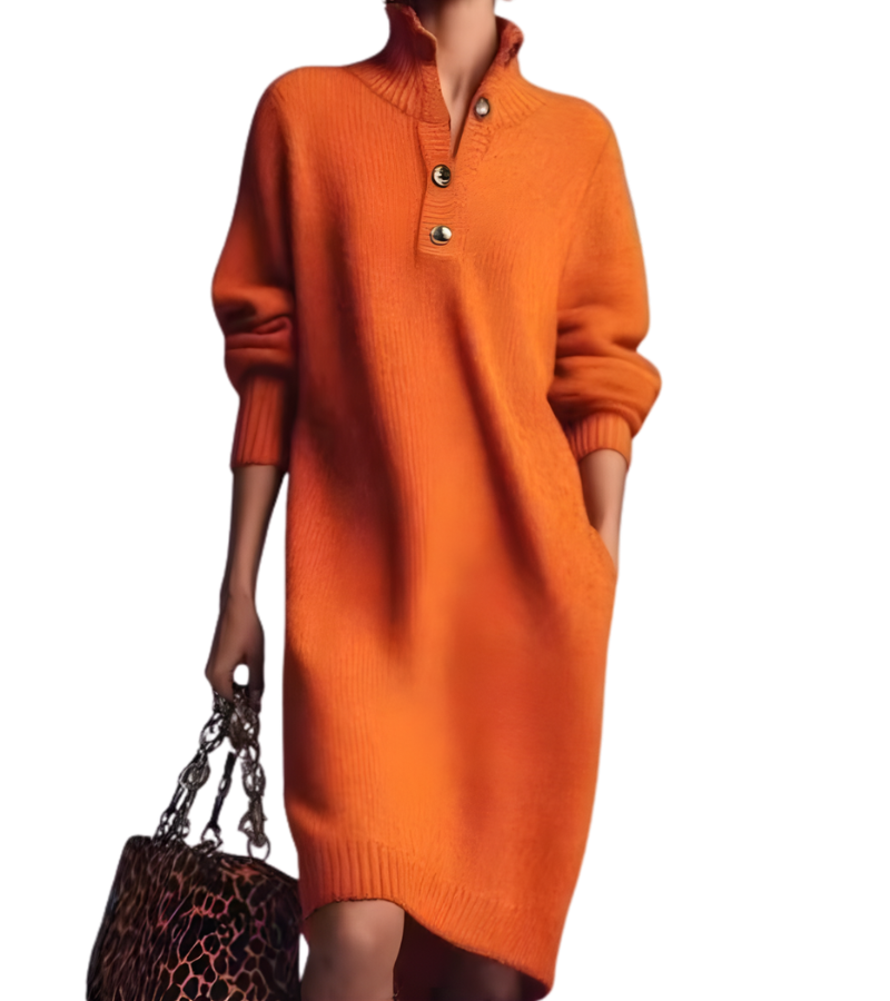 Button Placket Collared Long Sleeve Ribbed Knit Midi Dress 8