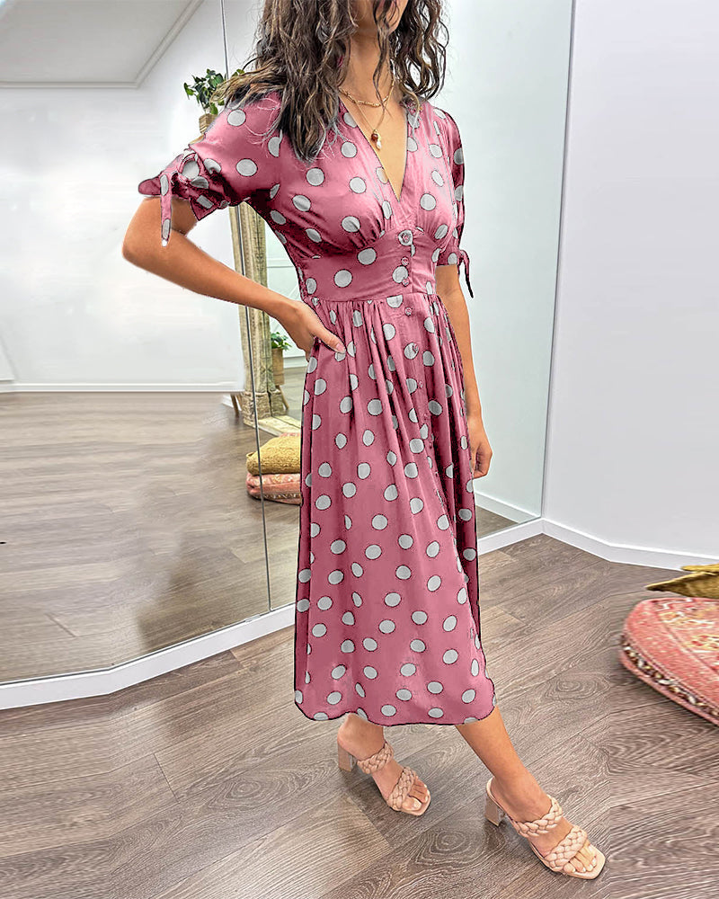 Polka Dot Deep V-Neck Button Front Puff Sleeve Tie Cuff Midi Dress - View 12
