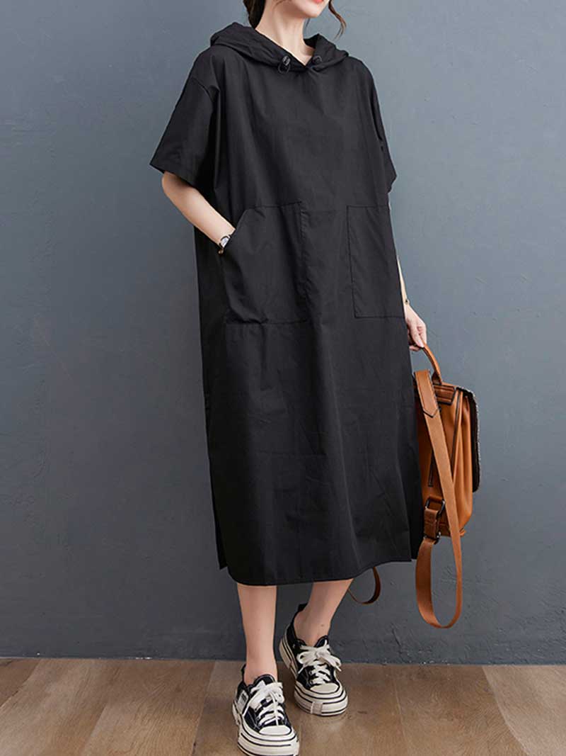 Hooded Short Sleeve Double Patch-Pocket A-line Midi Dress 10