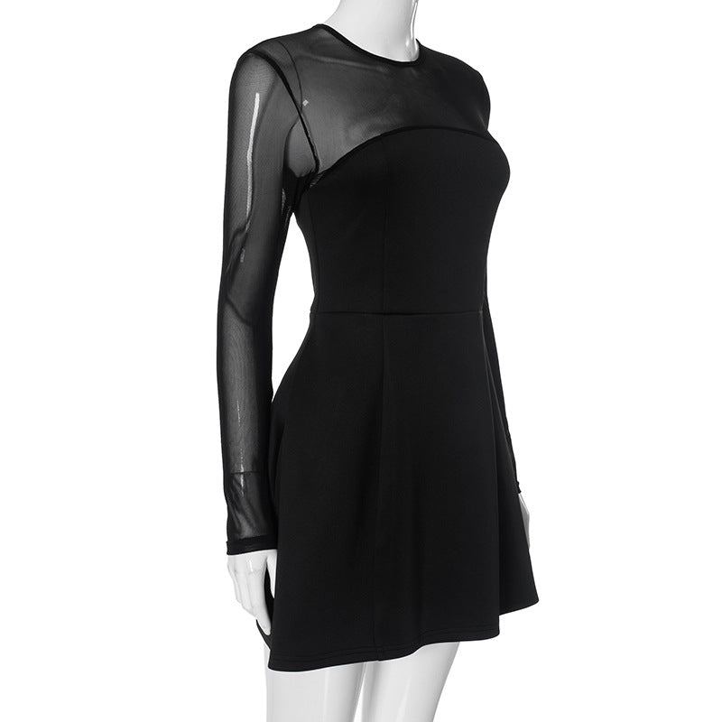 Mesh Yoke Long Sleeve Fit-and-Flare A-Line Mini Dress 8