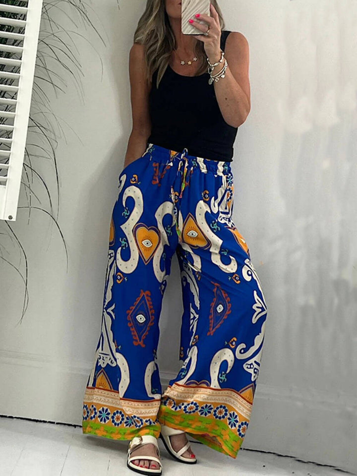 Printed Pocketed Drawstring Elastic Waist Pants - Fashionpara