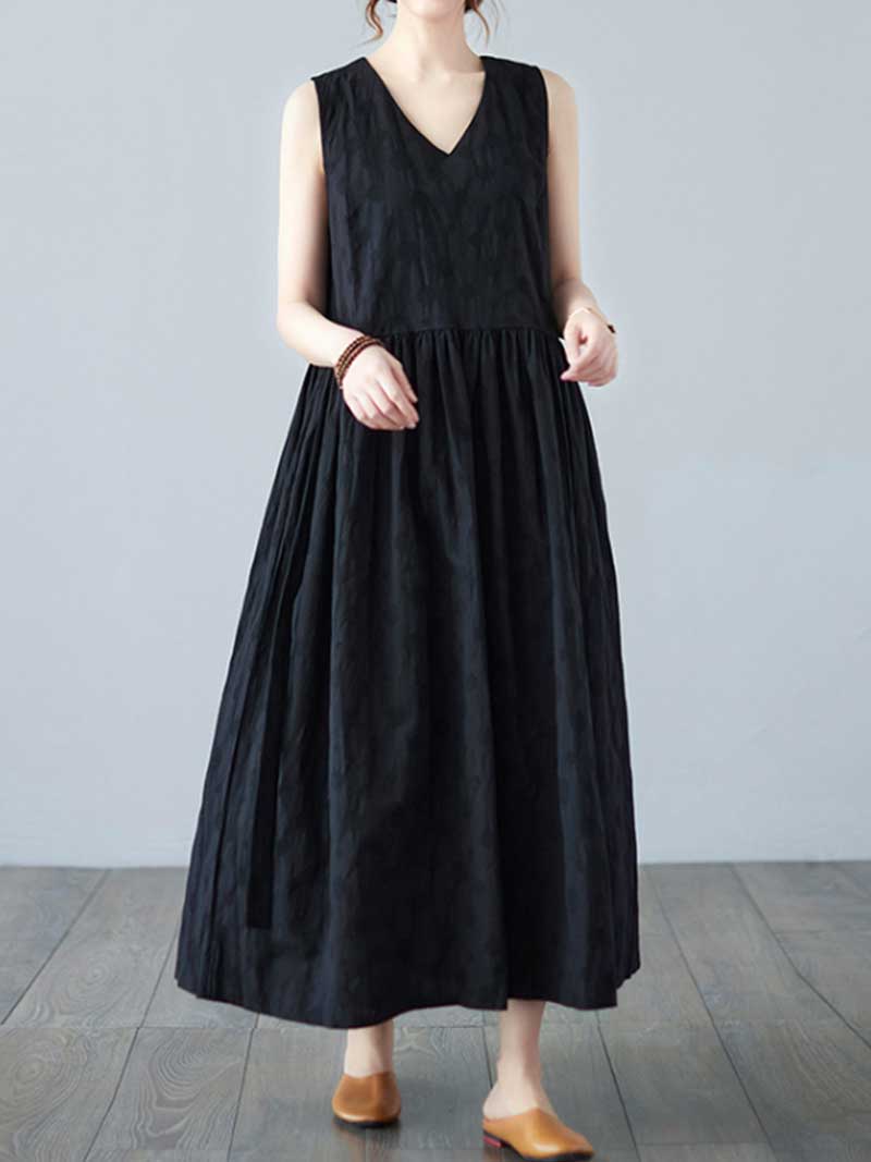 Textured Jacquard V-Neck Sleeveless Pleated A-Line Midi Dress 2