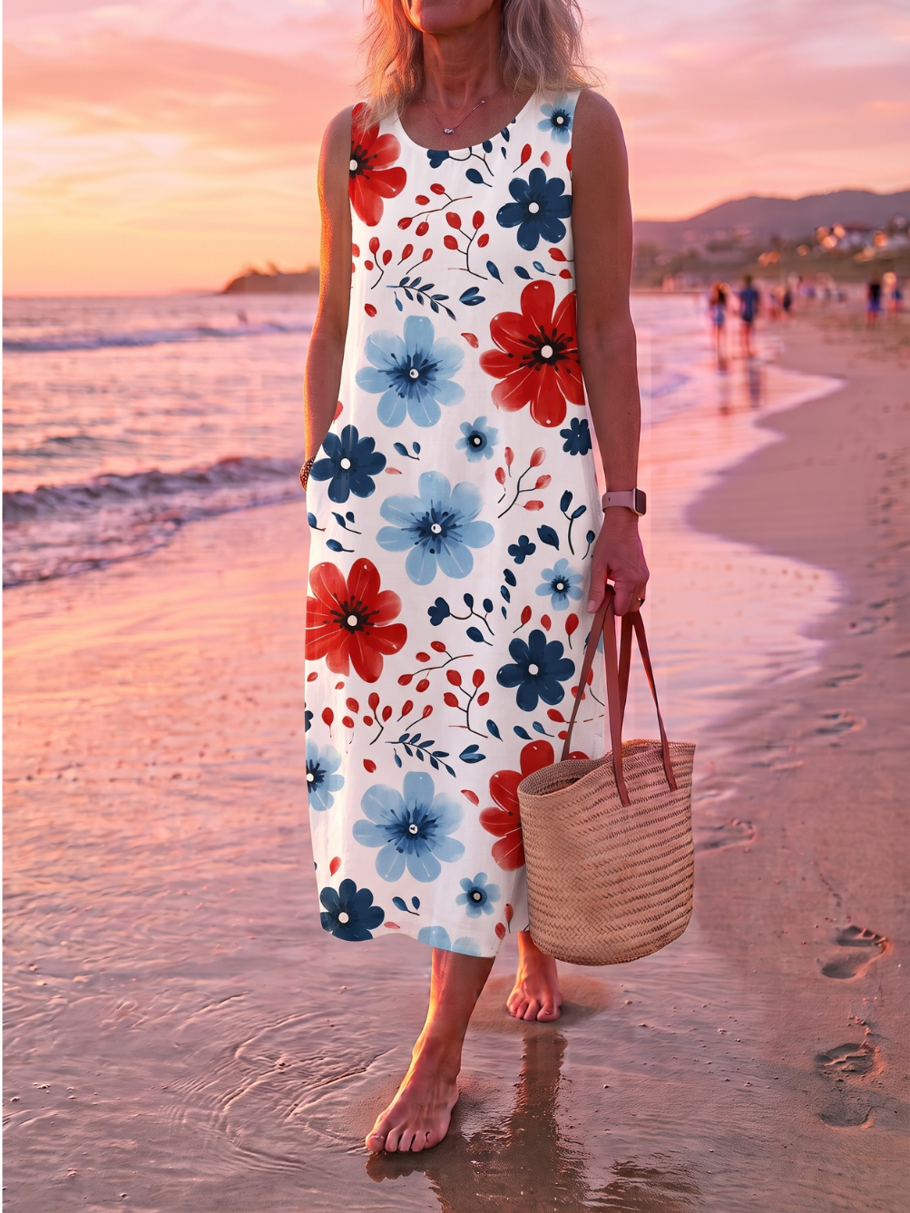 Round Neck Sleeveless Floral Midi Dress