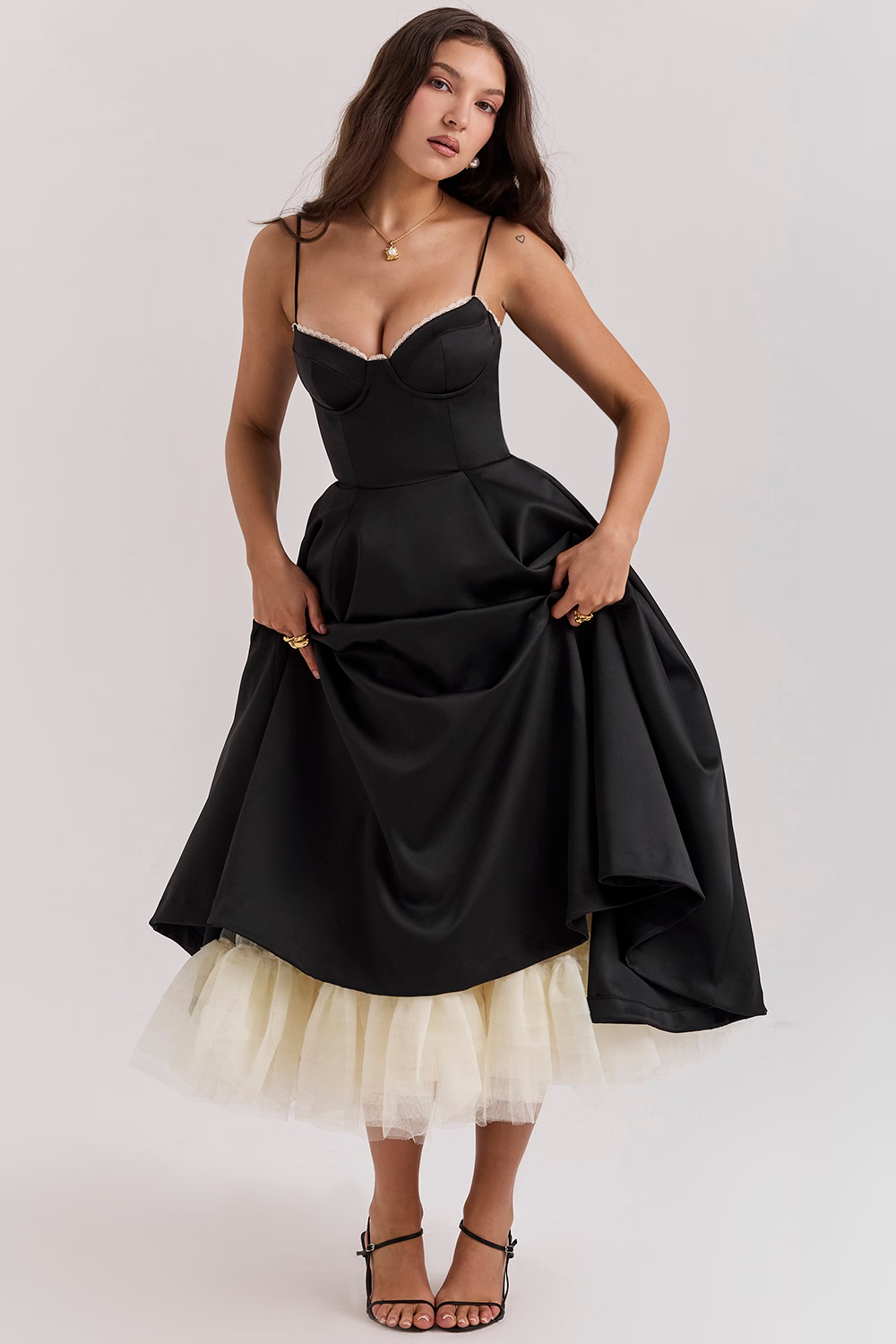 Spaghetti Strap Sweetheart Lace Trim Corset A-Line Midi Dress - View 11