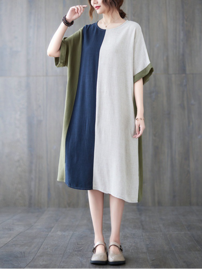 Round Neck Short Sleeve Contrast Panel Shift Midi Dress 2
