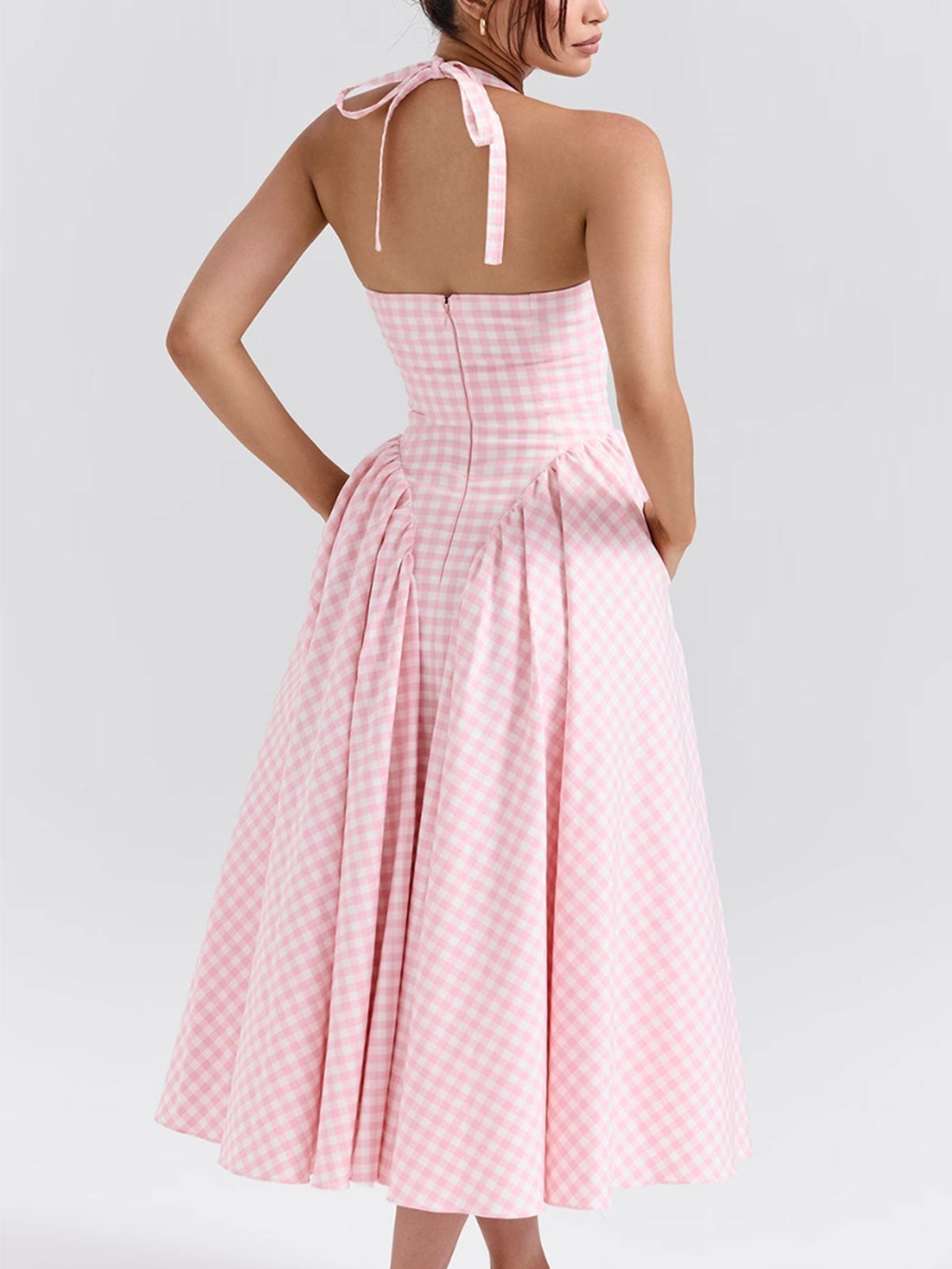 Deep V-Neck Halter Neck Gingham Pleated Midi Dress - View 6