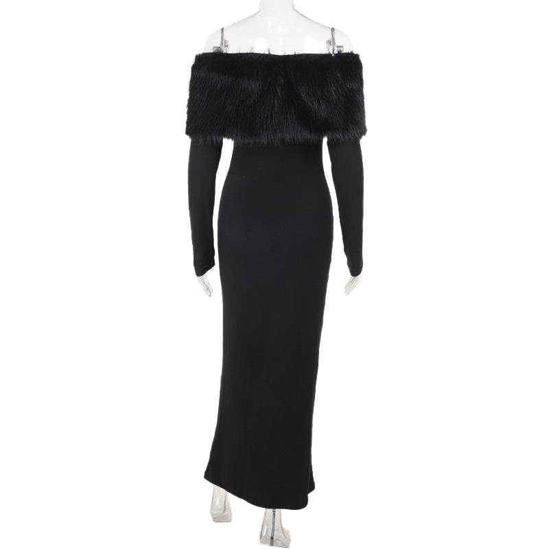 Onyx Fur Midi Dress - Black