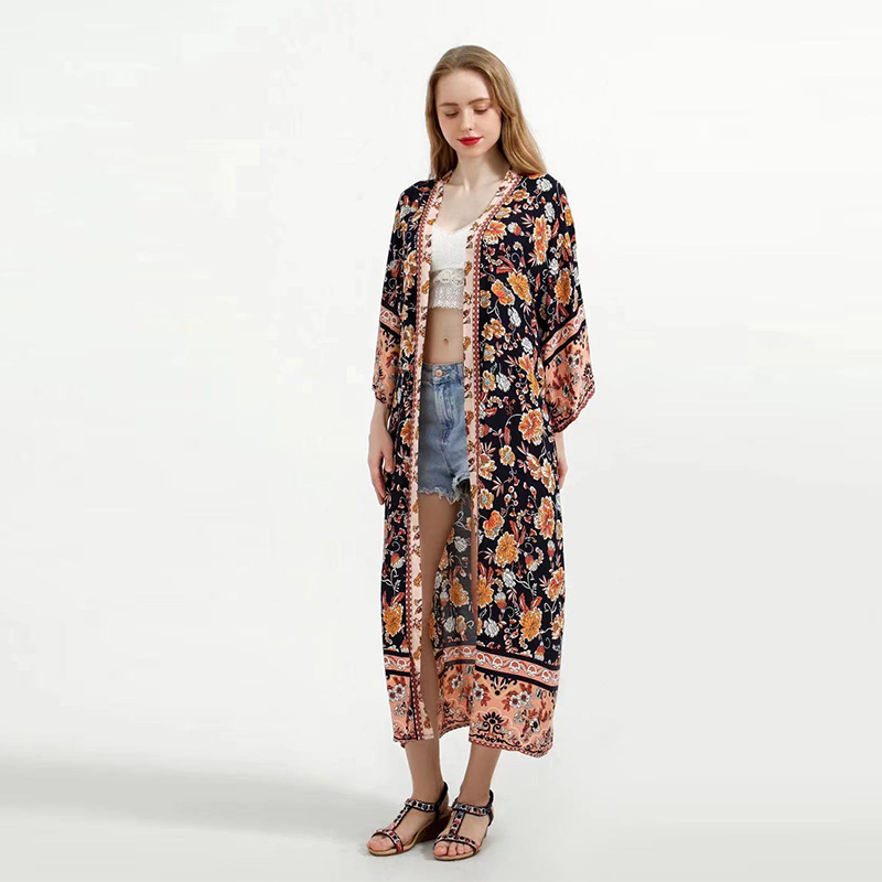 Beachwear Floral Print Black Color Cotton Long Length Gown Kimono Duster Robe 3