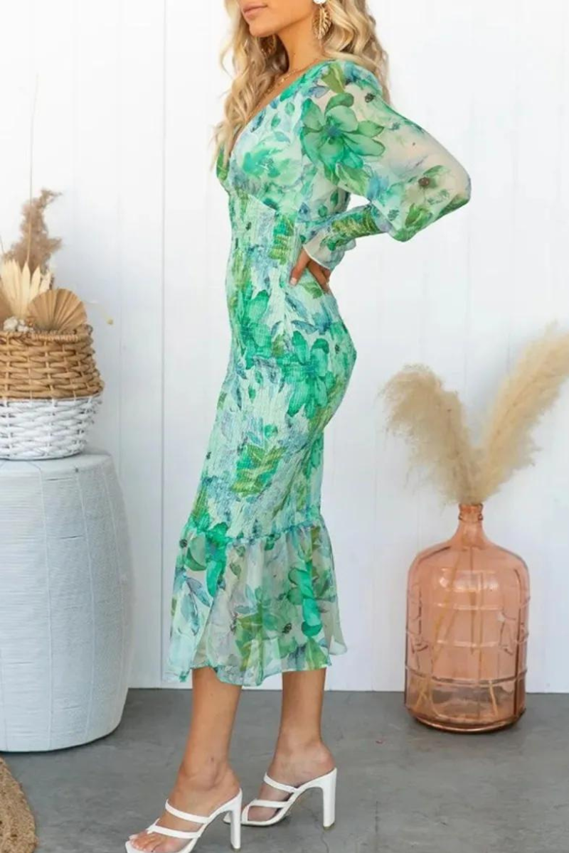 Floral Print Deep V-Neck Bishop Sleeve Ruffle Hem Mermaid Midi Dress - View 5