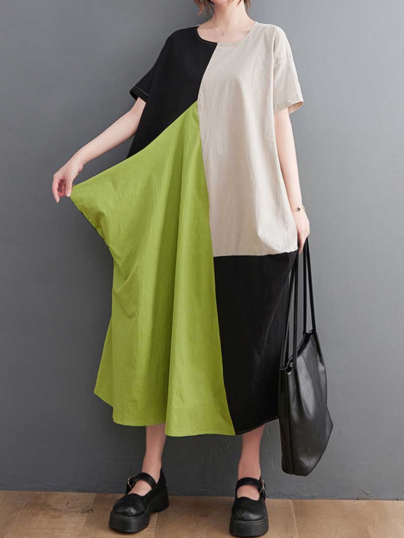 Plain Cotton Short Sleeves A-Line Dress 5