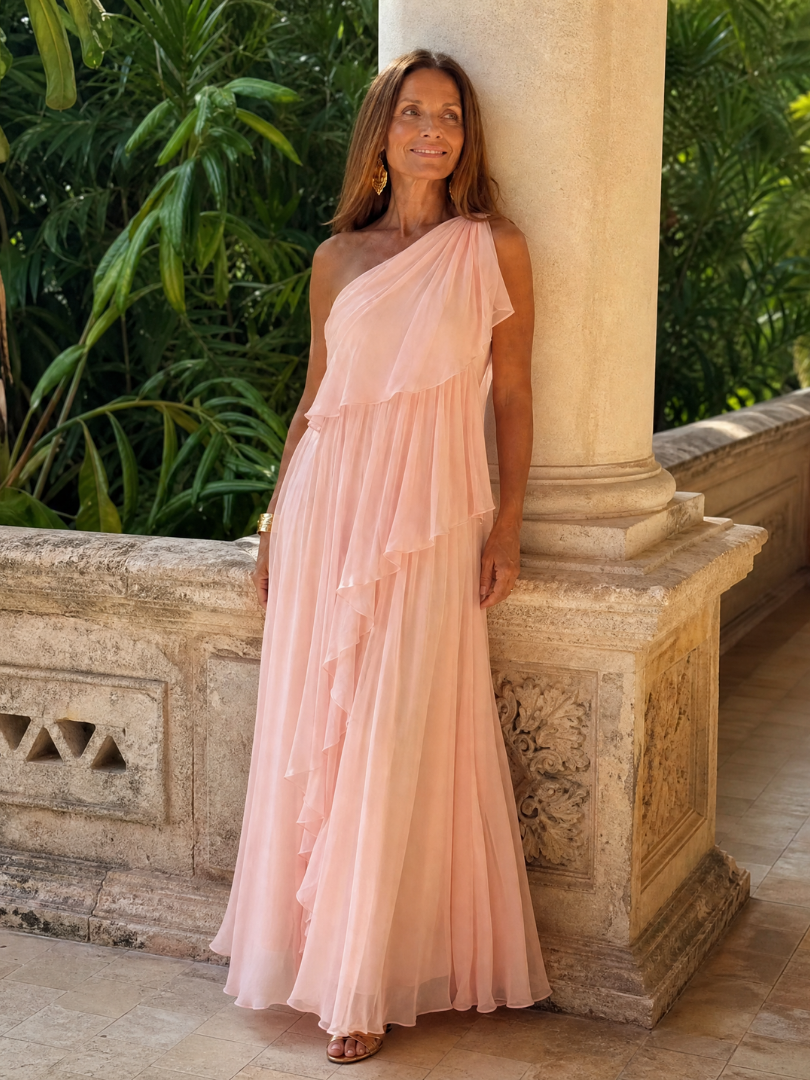 One Shoulder Ruffle Tiered Chiffon Maxi Gown 9