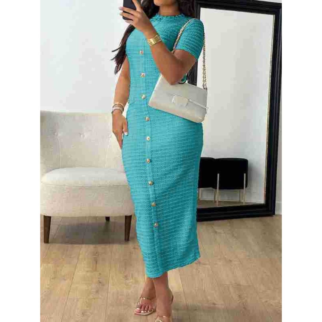 Crew Neck Short Sleeve Button Front Textured Bodycon Midi Dress 8