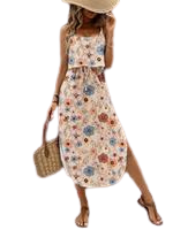 Scoop Neck Layered Split Print Cami Midi Dress 6