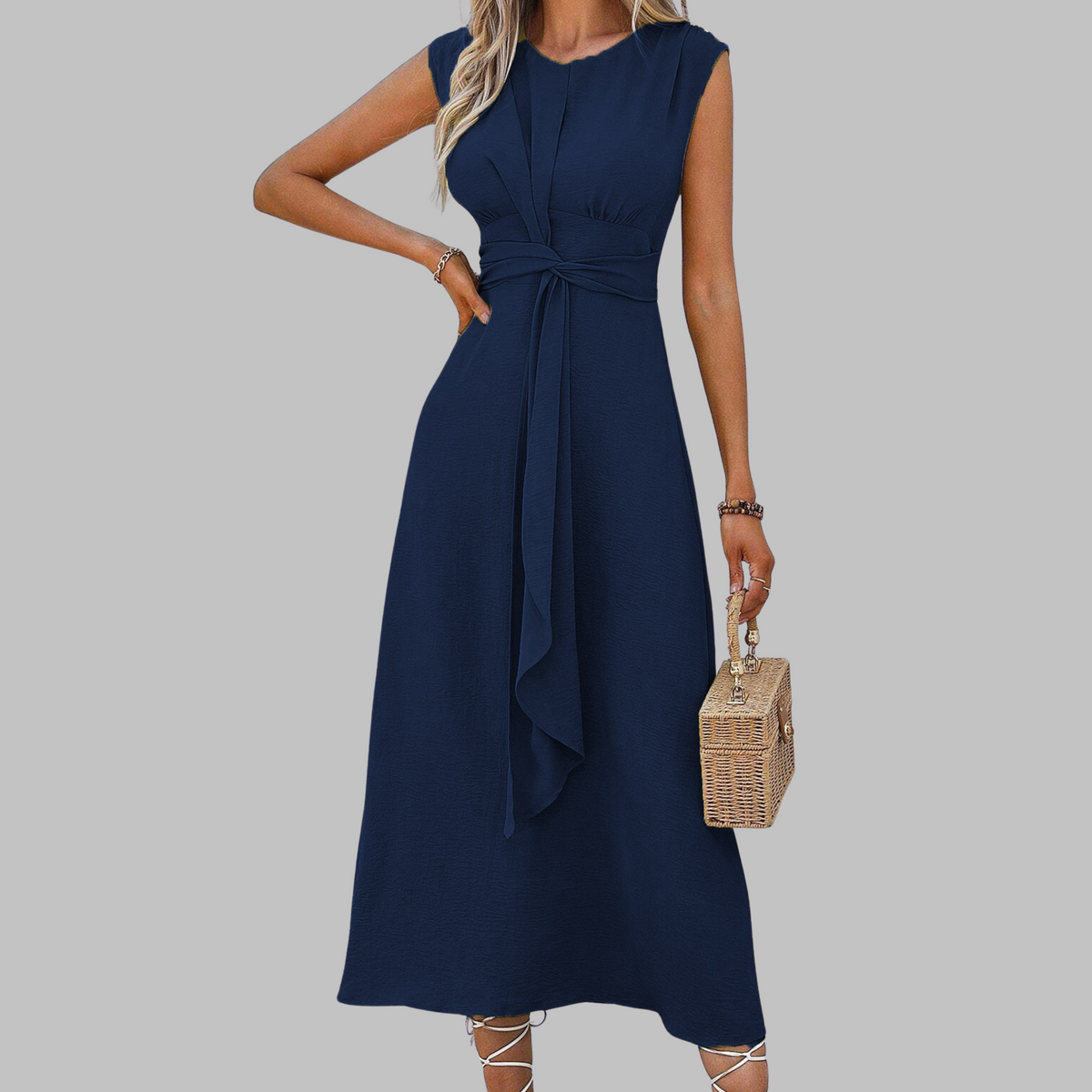 Round Neck Cap Sleeve Tie Waist A-Line Midi Dress 5