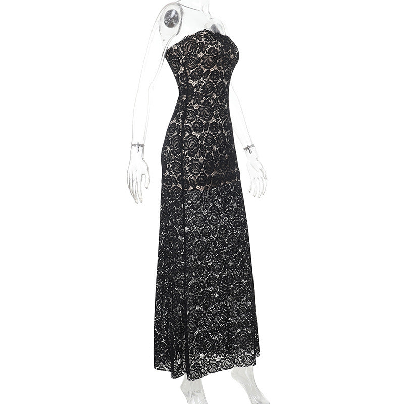 Strapless Floral Lace Bodycon Column Maxi Dress 8
