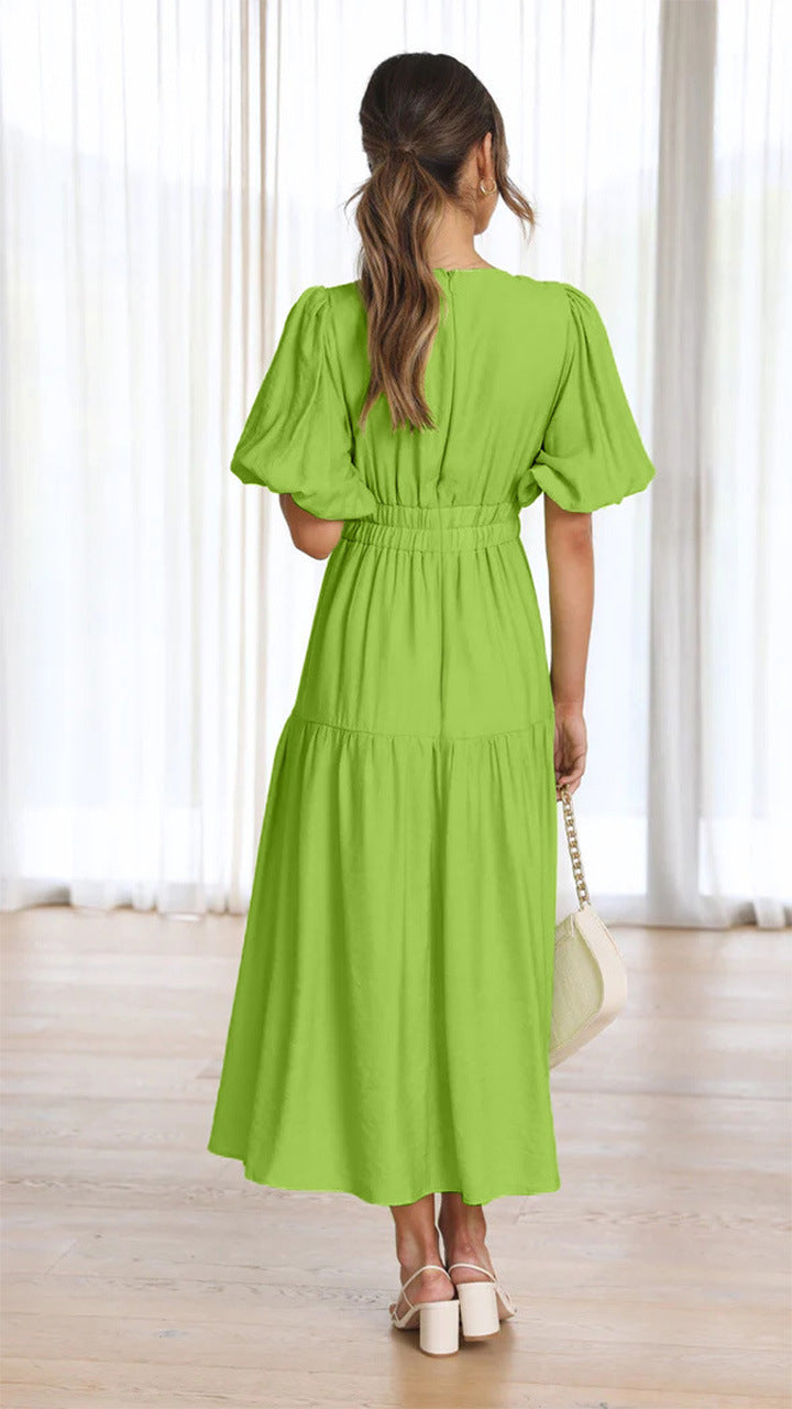 Plunge Neck Puff Sleeve Smocked Waist Tiered Midi Dress 8