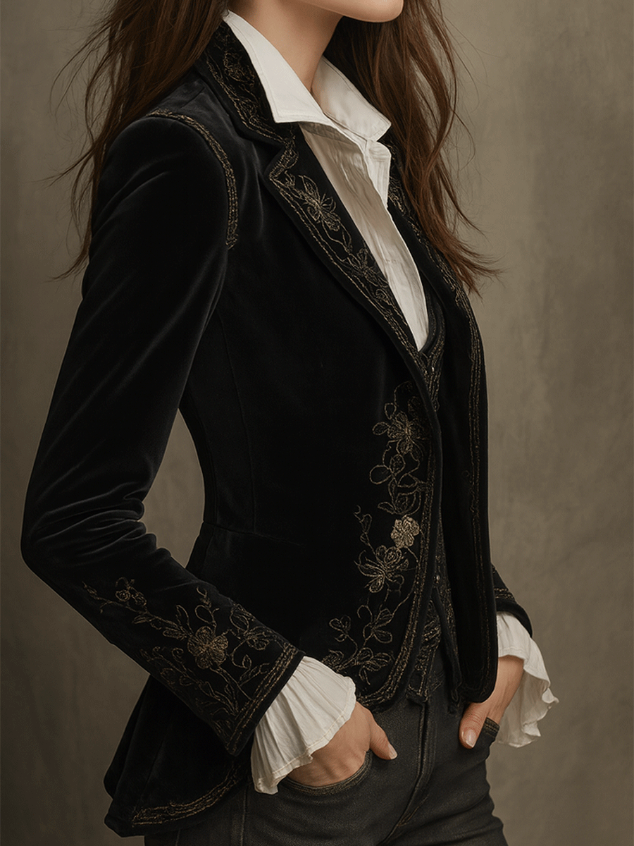 Velvet Embroidered Single Button Blazer 3