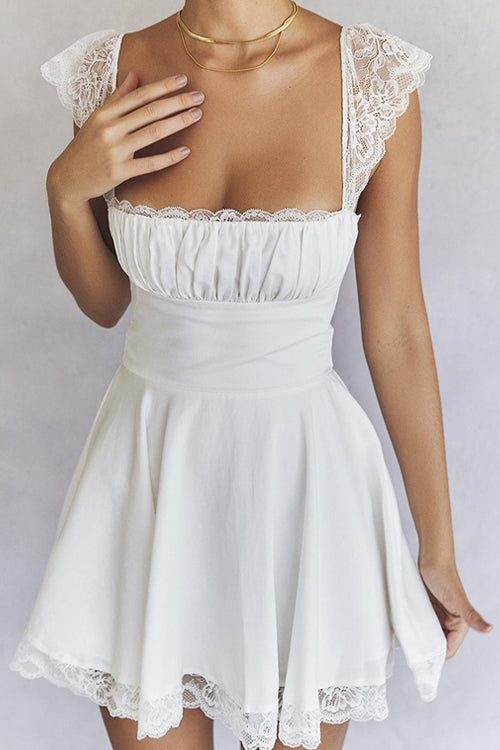 Square Neck Lace Trim Cap Sleeve Flared Mini Dress