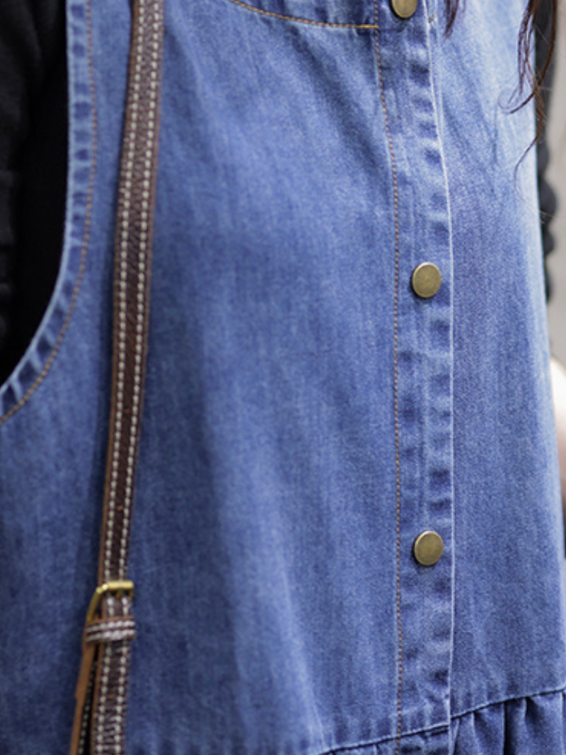 Denim Round Neck Sleeveless Button-Front Pinafore Midi Dress 5