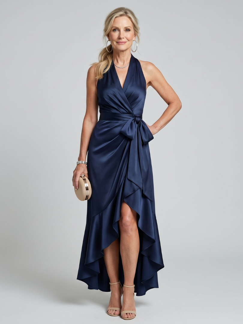 Satin Halter Neck Wrap Bow High Low Midi Dress 6