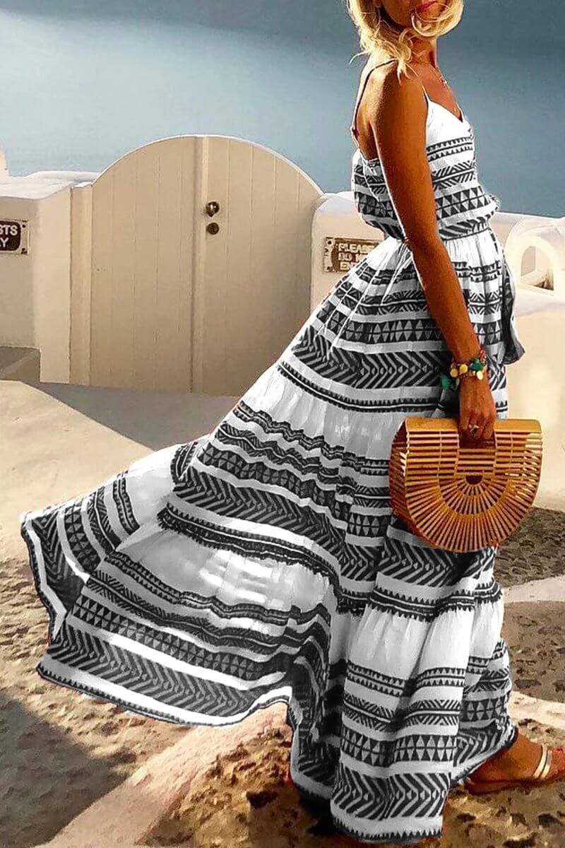 Florcoo Geometric Printed Loose Ankle Length Dress（4 colors）