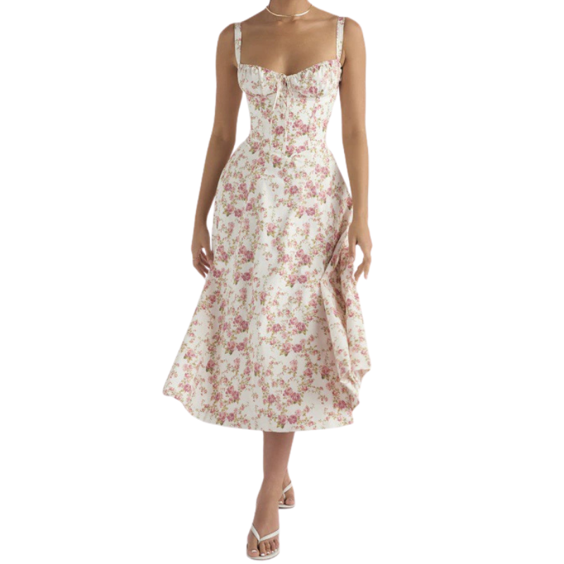 Floral Sweetheart Neckline Ruched Corset Midi Dress 3