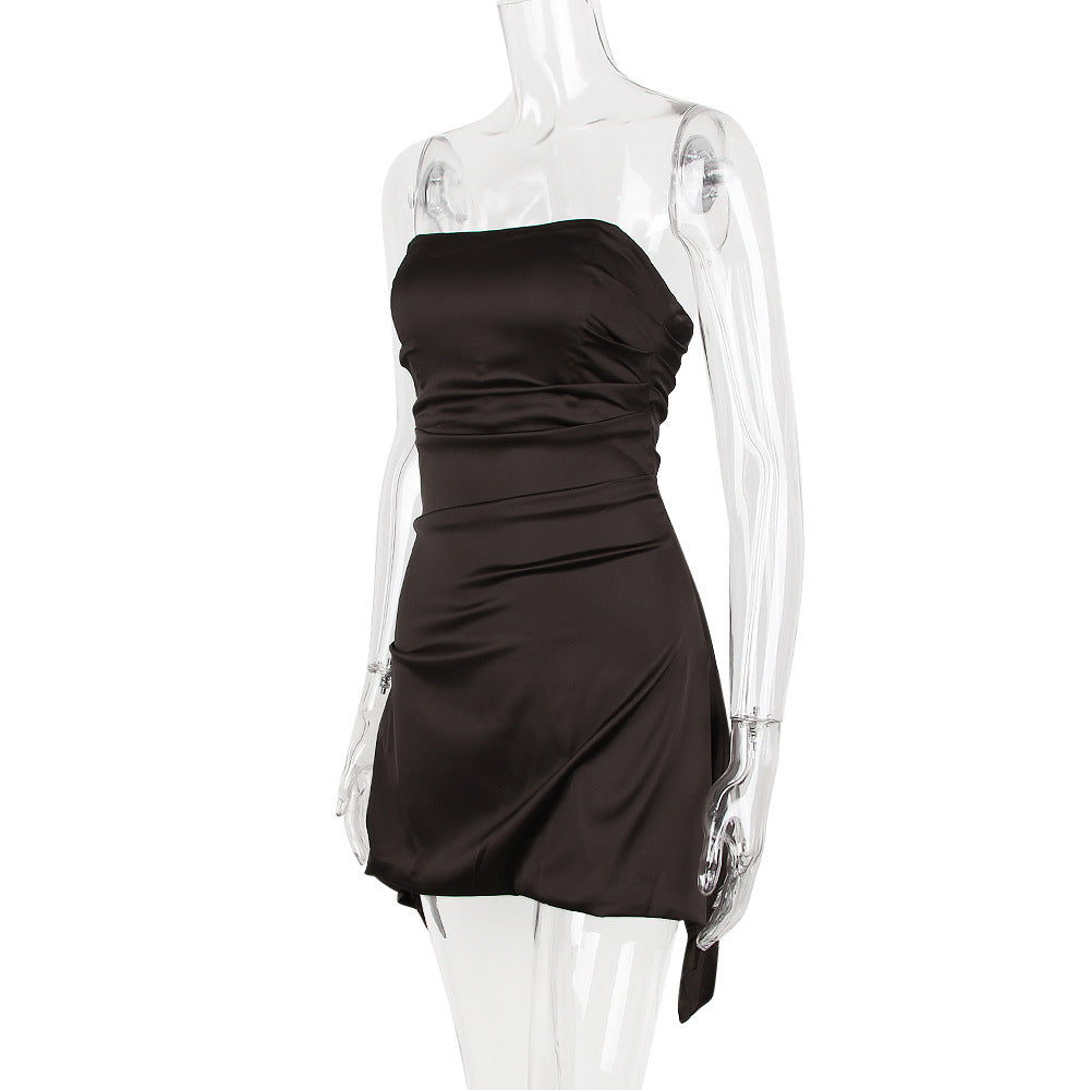 Strapless Ruched Satin Asymmetric-Hem Bodycon Mini Dress 8