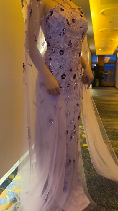 Gorgeous Lavender Tulle Satin Beaded Sheath Long Prom Dress Formal Birthday Party Dress D1177